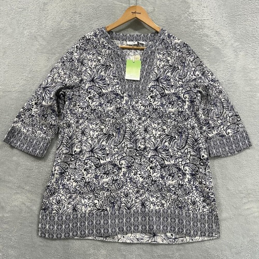 Sigrid Olsen Top Blouse Women Large 100% Linen Floral Boho Beach Mature NWT